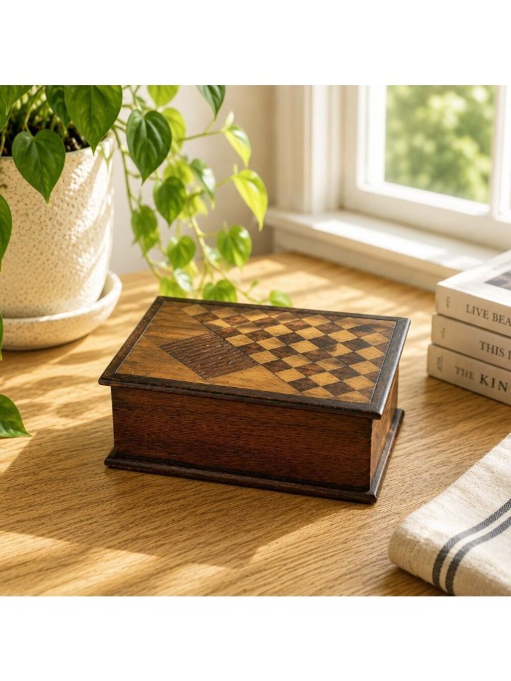 Vintage Handcrafted Wooden Inlay Trinket Box With Geometric Design
